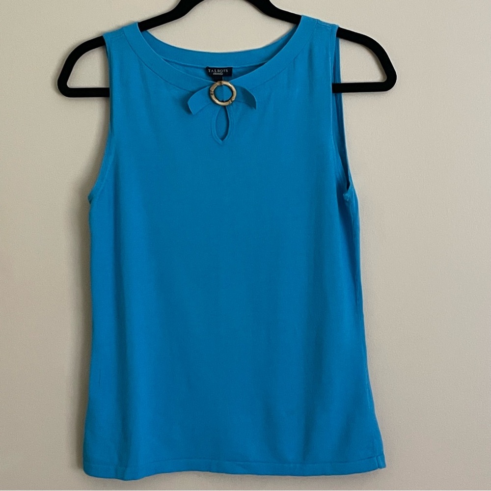 Talbots Knit Tank Top Turquoise Blue with Bamboo Ring On Keyhole Opening Size S